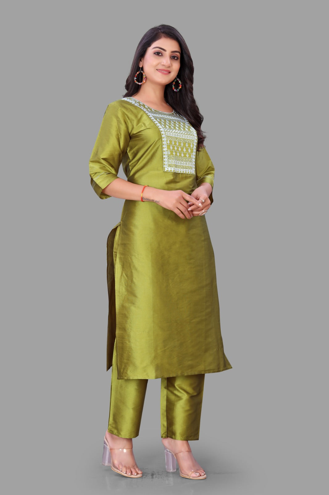 Mehendi Embroidered Kurti With Pant & Dupatta