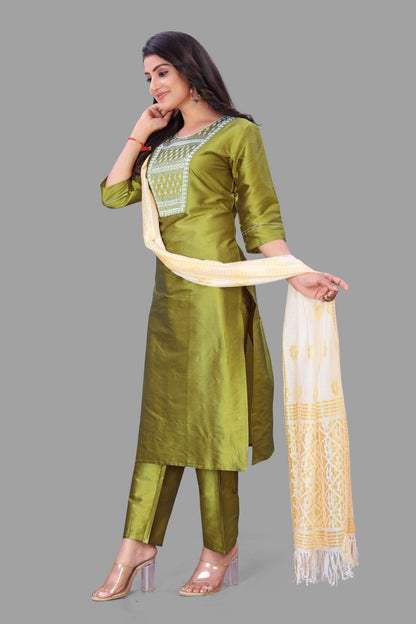 Mehendi Embroidered Kurti With Pant & Dupatta