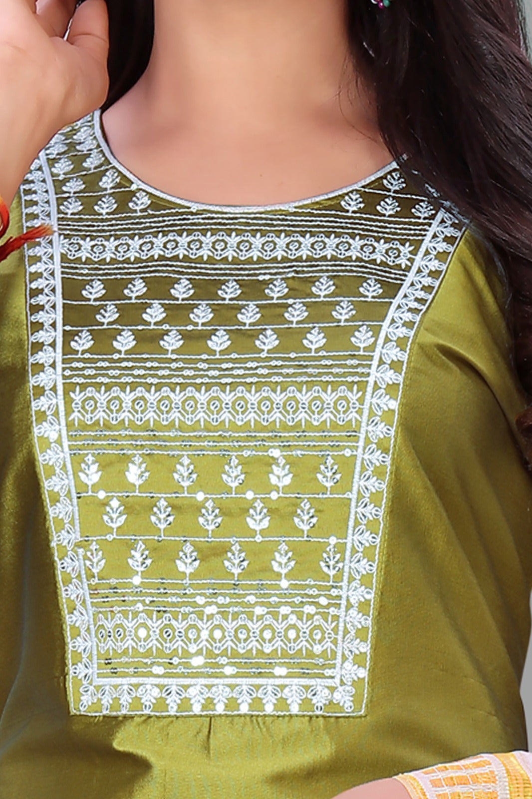 Mehendi Embroidered Kurti With Pant & Dupatta