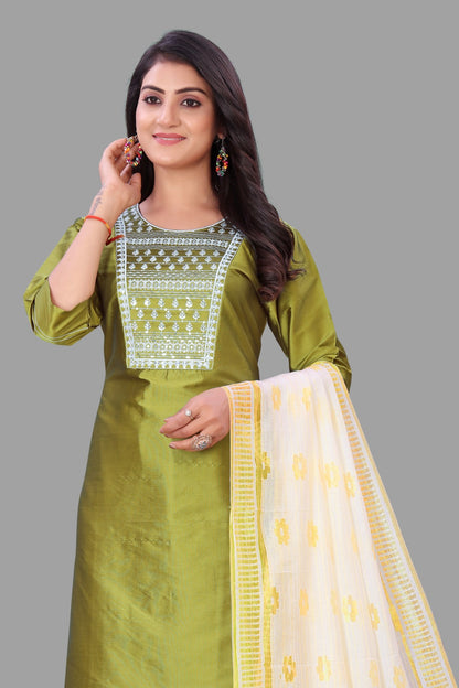 Mehendi Embroidered Kurti With Pant & Dupatta