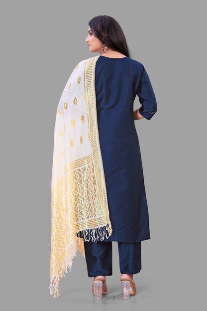 Navy blue Embroidered Kurti With Pant & Dupatta