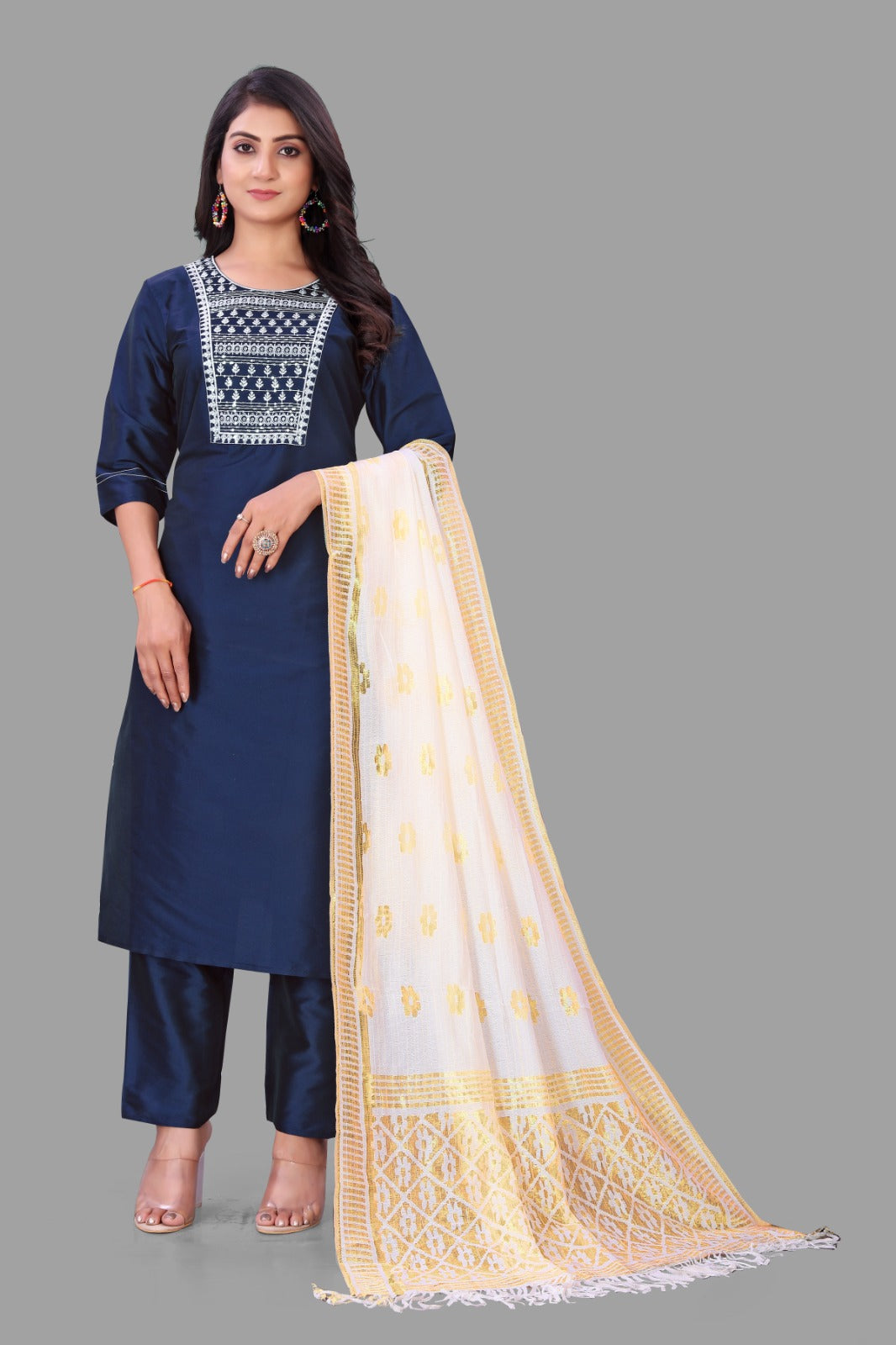 Navy blue Embroidered Kurti With Pant & Dupatta