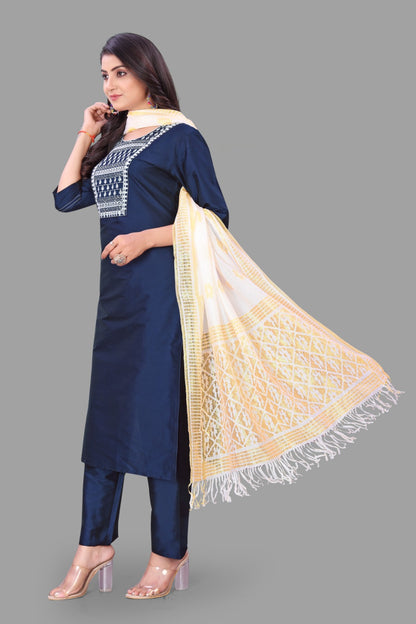 Navy blue Embroidered Kurti With Pant & Dupatta