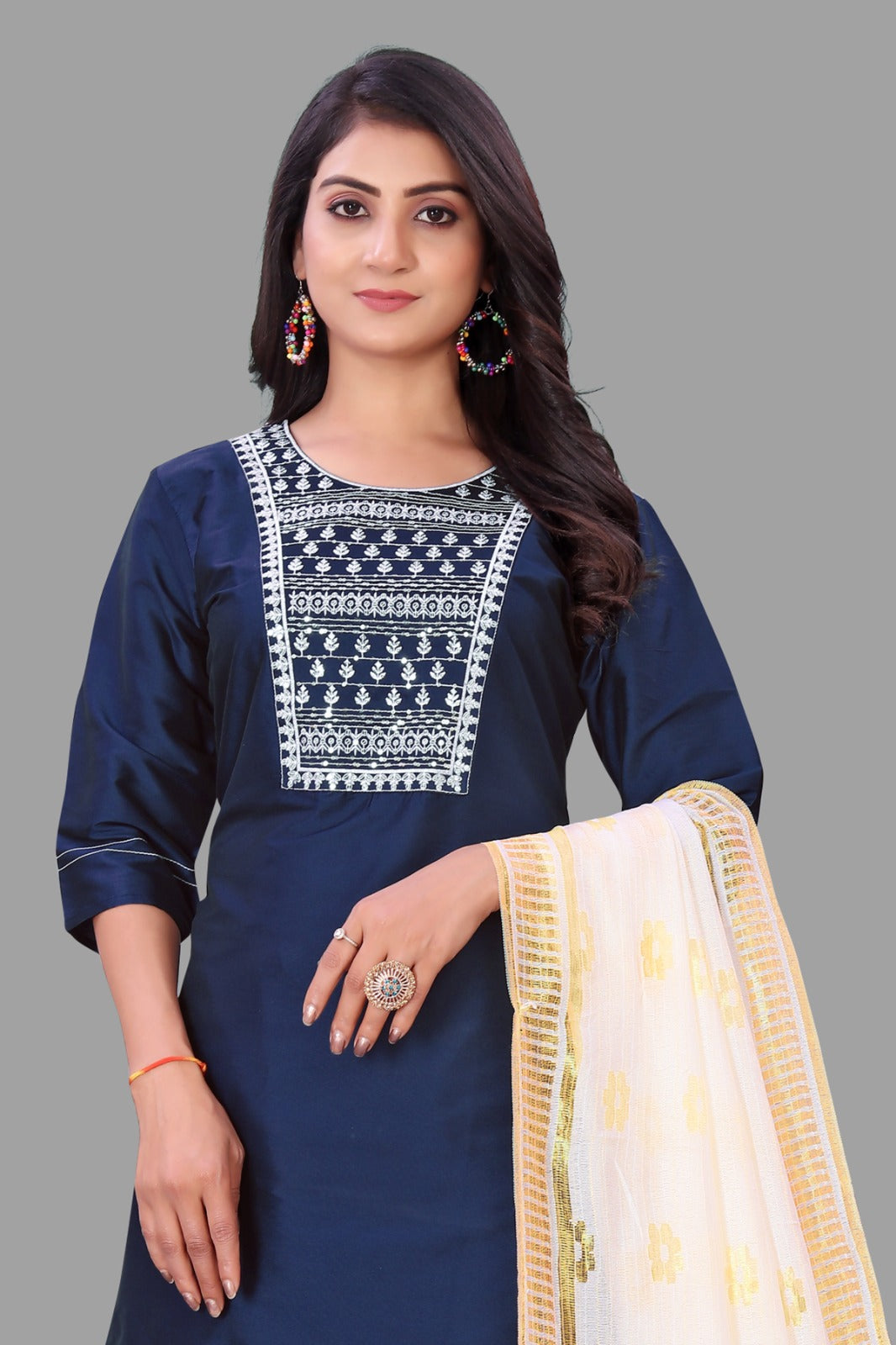 Navy blue Embroidered Kurti With Pant & Dupatta