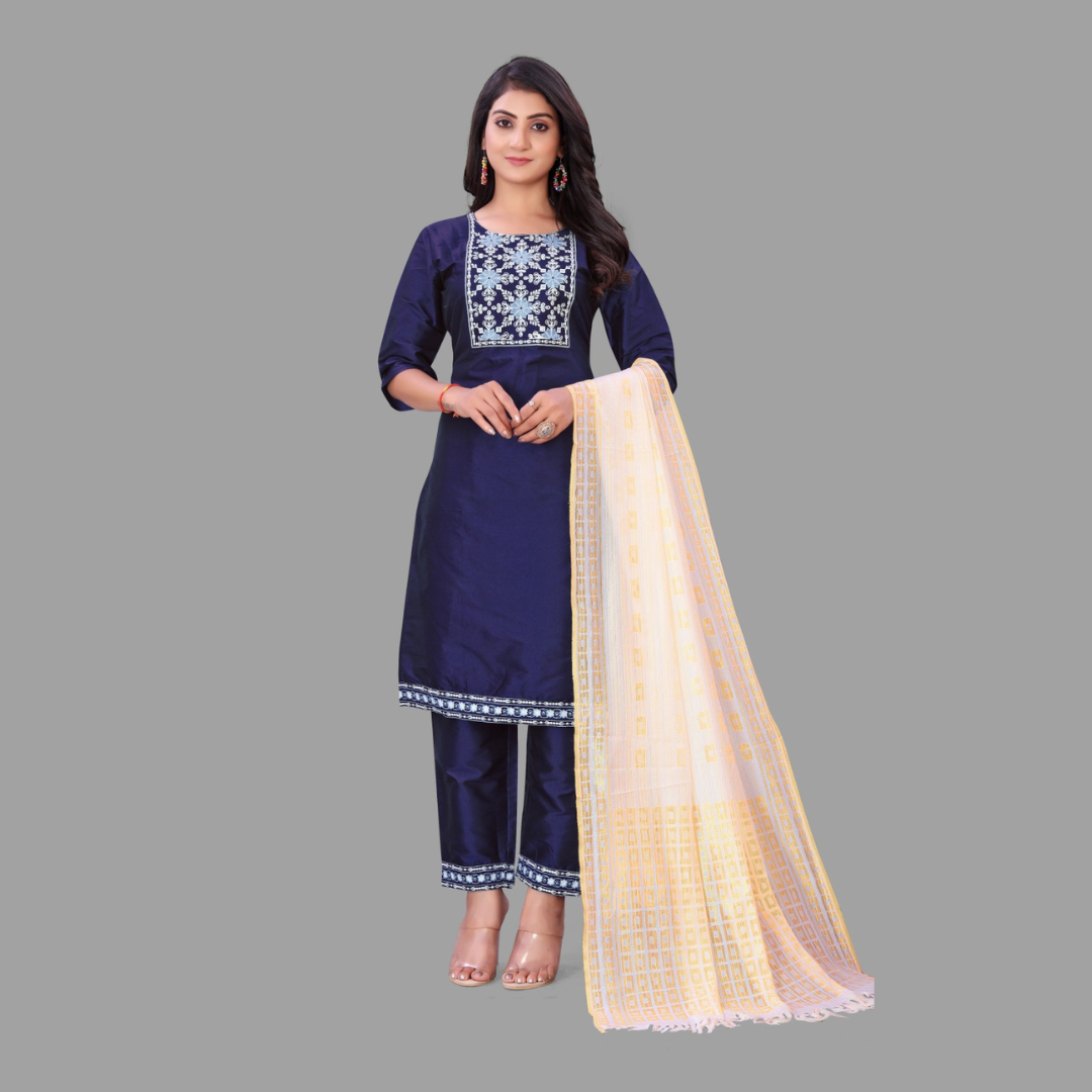 Navy Blue Kurti Pant & Dupatta Set