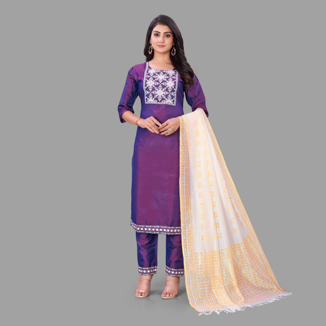 Purple Kurti Pant & Dupatta Set