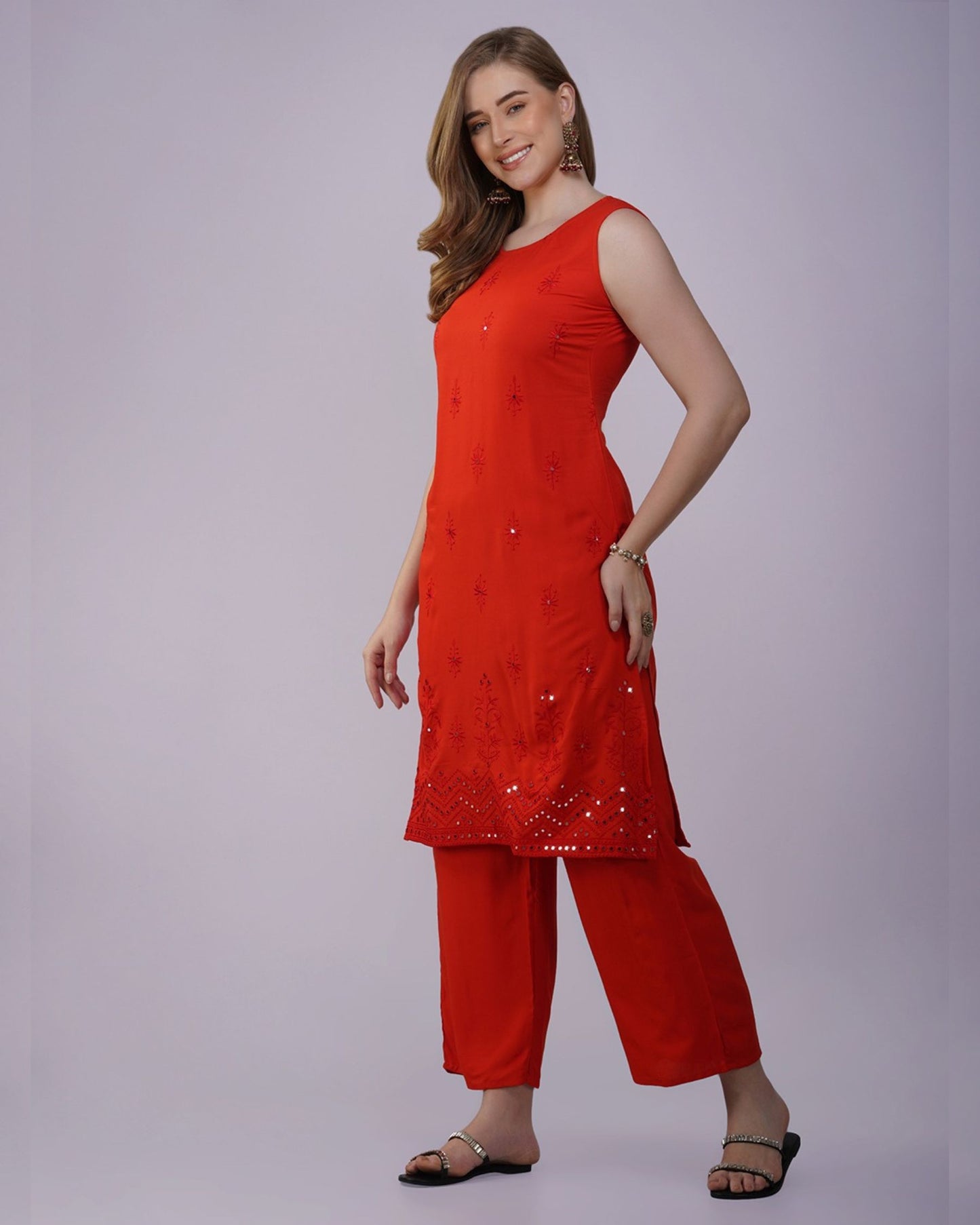 Tomato Red Sleeveless Thread and Sequins Embroidery Kurti with Pants