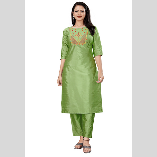 Green Sequence Embroidery Work Round Neck Kurti & Pant Set