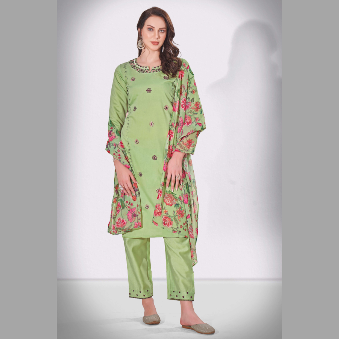 Locust Green Thread and Sequins Embroidered Kurti Set with Floral Dupatta