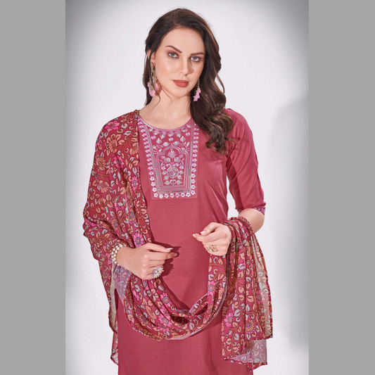 Night Shadz Pink Embroidered Thread Worked Premium Kurti Set with Printed Cotton Dupatta