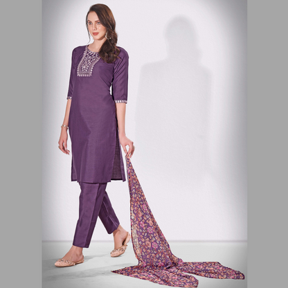 Voodoo Purple Embroidered Thread Worked Premium Kurti Set with Printed Cotton Dupatta