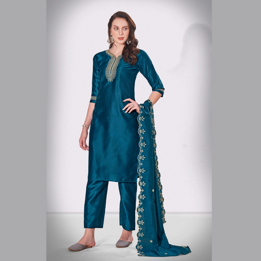 Nile Blue Falak Embroidered Kurti With Pant & Dupatta