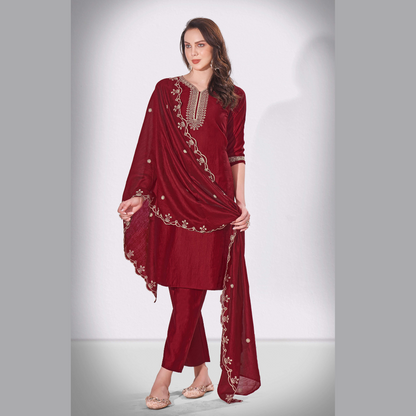 Merlot Maroon Falak Embroidered Kurti With Pant & Dupatta