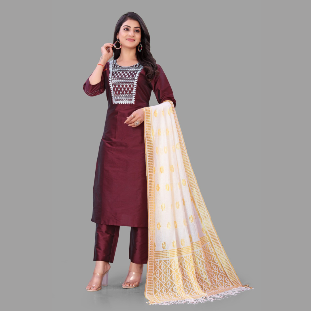 Maroon Embroidered Kurti With Pant & Dupatta