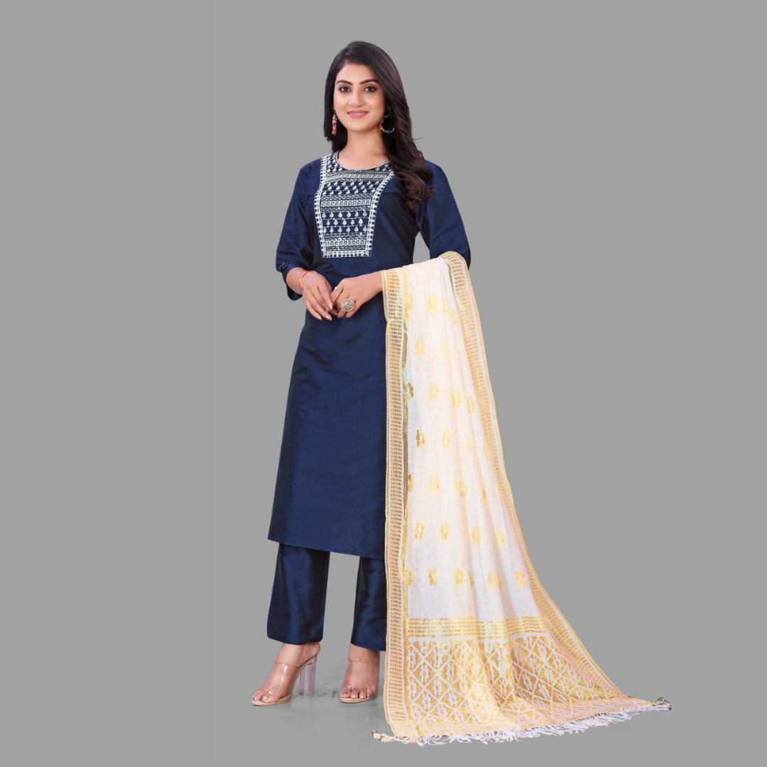 Navy blue Embroidered Kurti With Pant & Dupatta