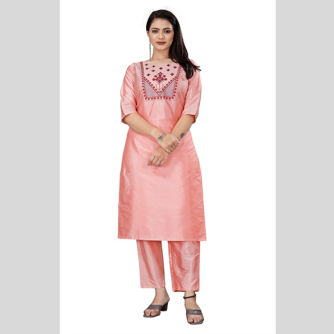 Women's fancy Pink Sequence Embroidery Work Round Neck Kurti & Pant Set