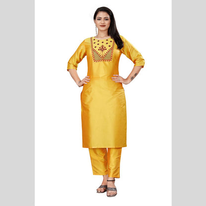 Women's fancy Yellow Sequence Embroidery Work Round Neck Kurti & Pant Set