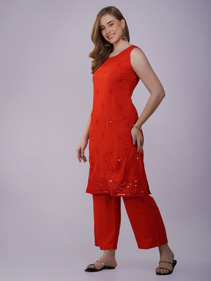 Tomato Red Sleeveless Thread and Sequins Embroidery Kurti with Pants