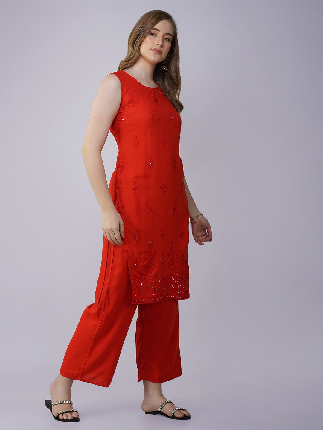 Tomato Red Sleeveless Thread and Sequins Embroidery Kurti with Pants