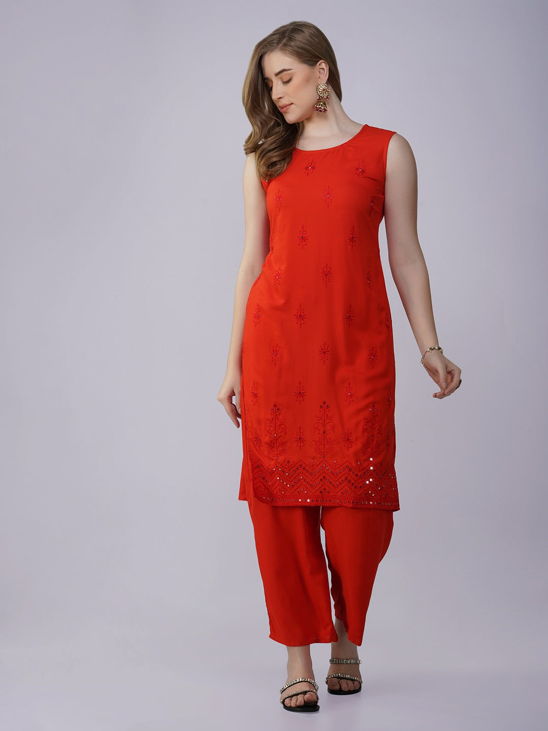 Tomato Red Sleeveless Thread and Sequins Embroidery Kurti with Pants