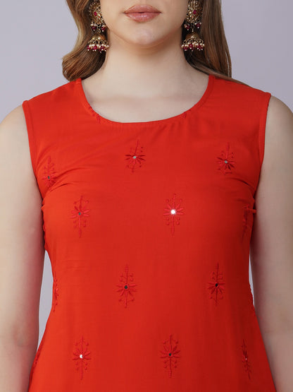 Tomato Red Sleeveless Thread and Sequins Embroidery Kurti with Pants