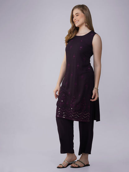 Cocoa Brown Sleeveless Thread and Sequins Embroidery Kurti with Pants