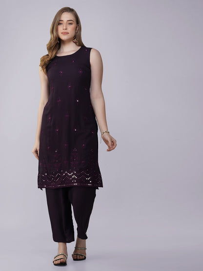 Cocoa Brown Sleeveless Thread and Sequins Embroidery Kurti with Pants