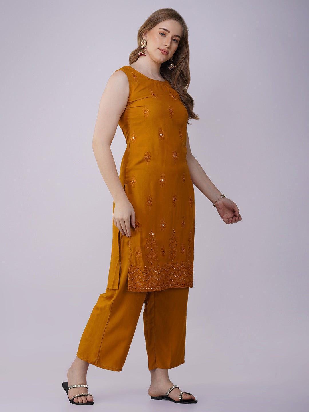 Indochine Yellow Sleeveless Thread and Sequins Embroidery Kurti with Pants