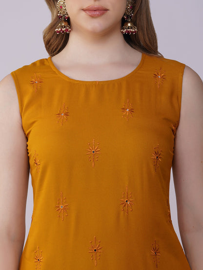 Indochine Yellow Sleeveless Thread and Sequins Embroidery Kurti with Pants