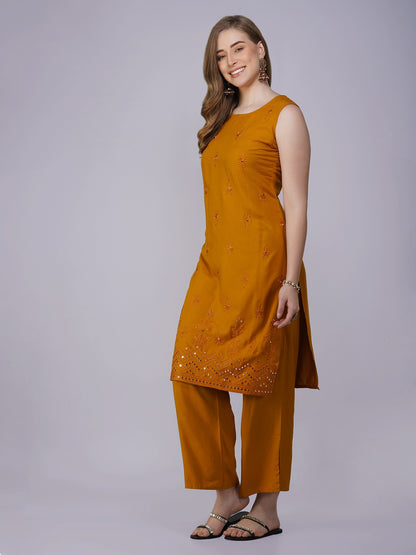 Indochine Yellow Sleeveless Thread and Sequins Embroidery Kurti with Pants