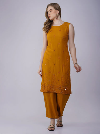 Indochine Yellow Sleeveless Thread and Sequins Embroidery Kurti with Pants