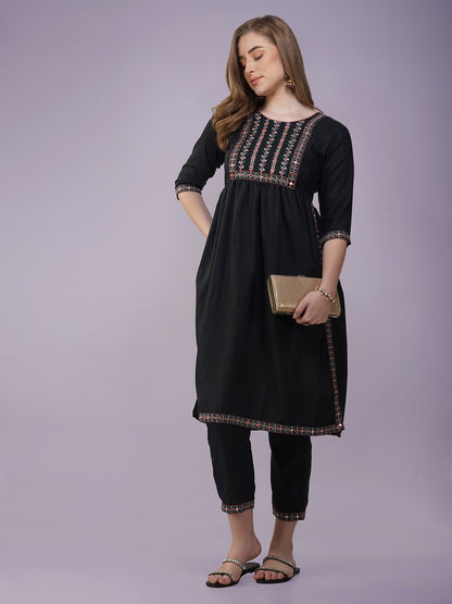 Women Black Viscose Rayon Embroidered Kurta Set