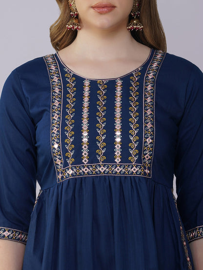 Women Blue Viscose Rayon Embroidered Kurta Set