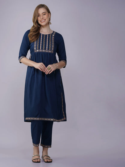 Women Blue Viscose Rayon Embroidered Kurta Set