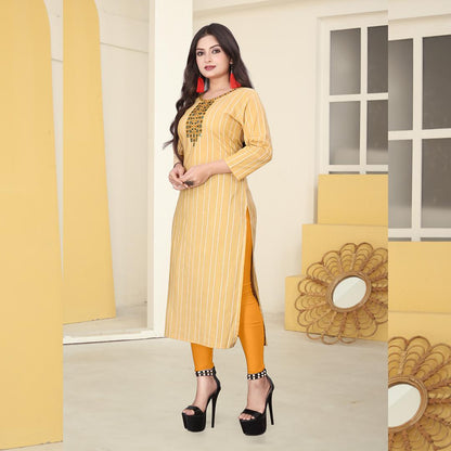 Yellow Cotten Kalindi Embroidered Kurti